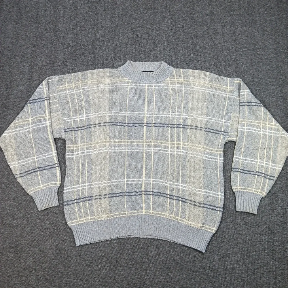 Ottimo Sweater Mens Large Gray Blue Beige Plaid Crewneck Knit Pullover Italy